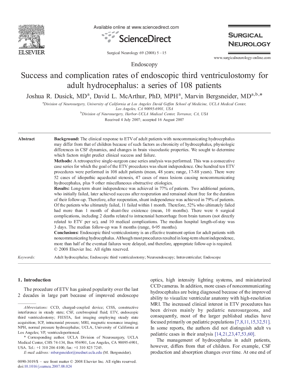 Success and complication rates of endoscopic third ventriculostomy for adult hydrocephalus: a series of 108 patients