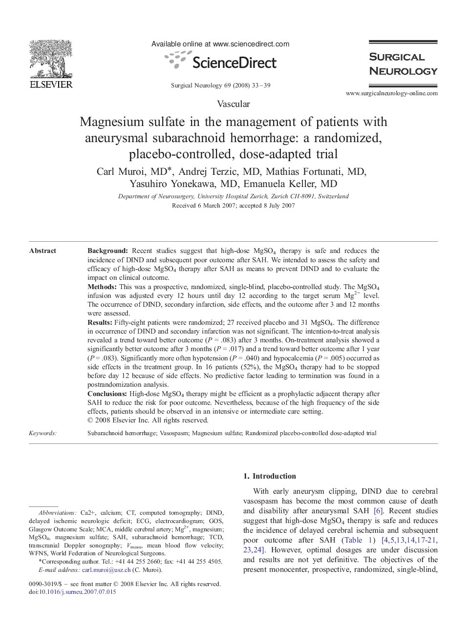 Magnesium sulfate in the management of patients with aneurysmal subarachnoid hemorrhage: a randomized, placebo-controlled, dose-adapted trial