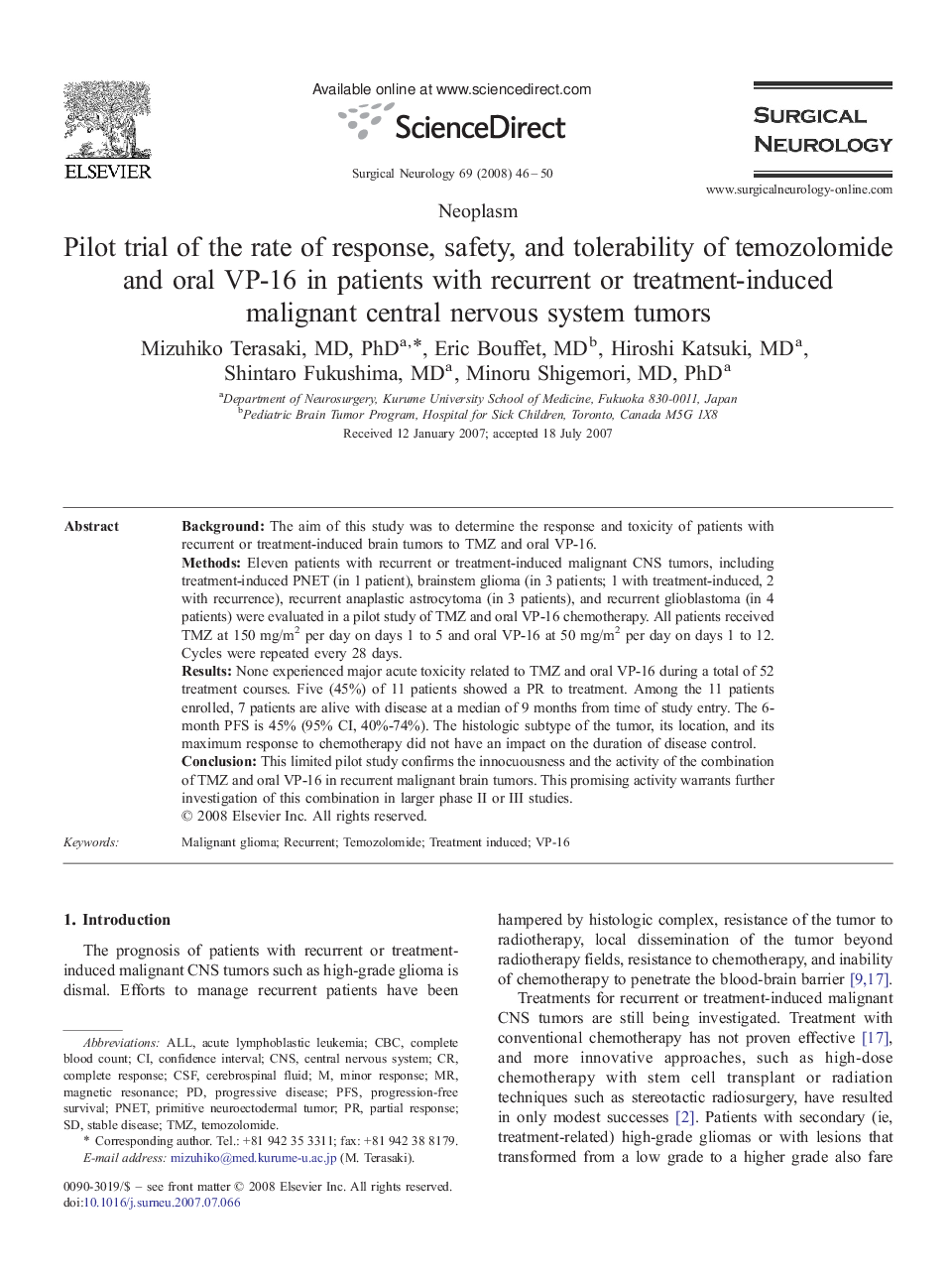 Pilot trial of the rate of response, safety, and tolerability of temozolomide and oral VP-16 in patients with recurrent or treatment-induced malignant central nervous system tumors