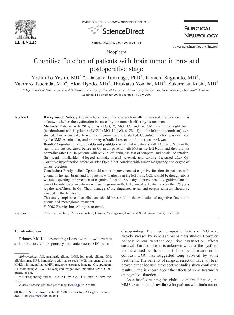 Cognitive function of patients with brain tumor in pre- and postoperative stage