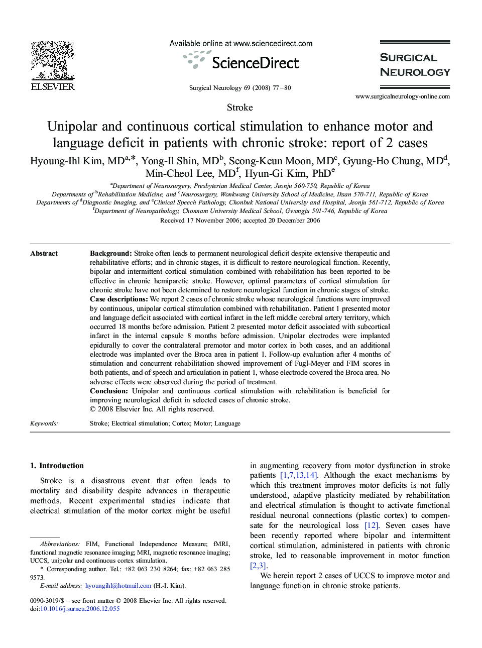 Unipolar and continuous cortical stimulation to enhance motor and language deficit in patients with chronic stroke: report of 2 cases