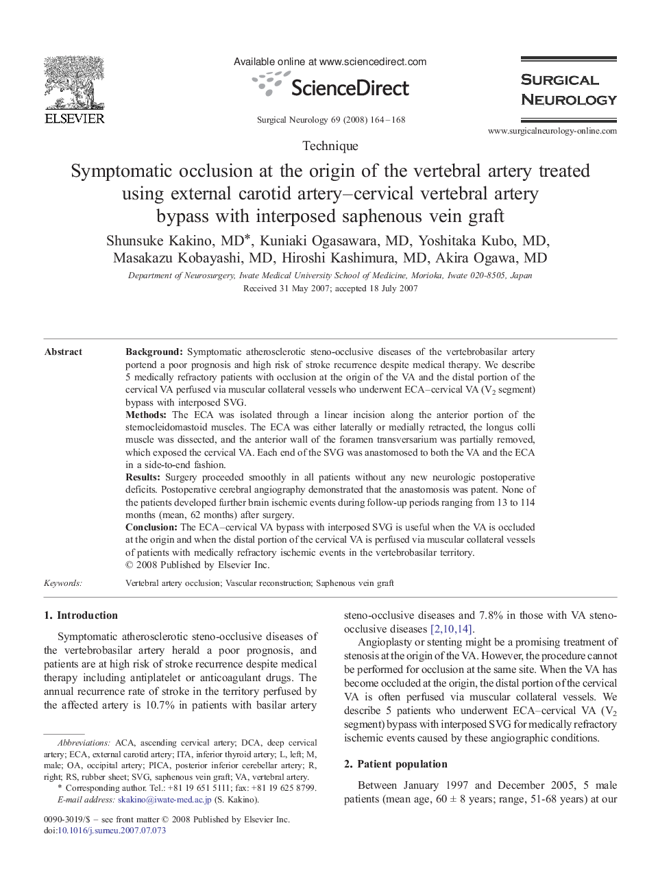 Symptomatic occlusion at the origin of the vertebral artery treated using external carotid artery–cervical vertebral artery bypass with interposed saphenous vein graft