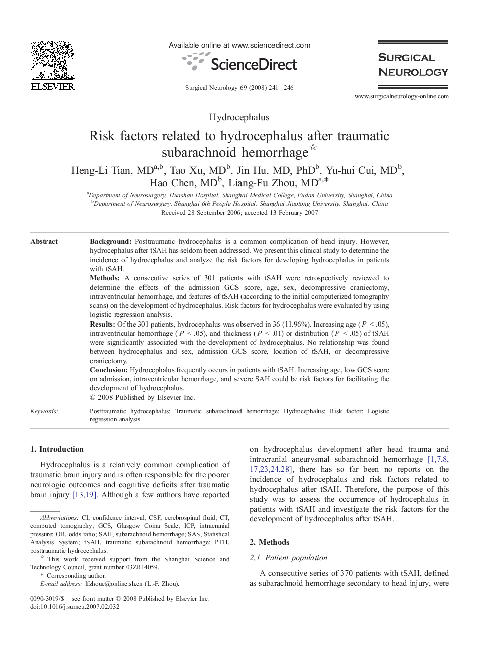 Risk factors related to hydrocephalus after traumatic subarachnoid hemorrhage 