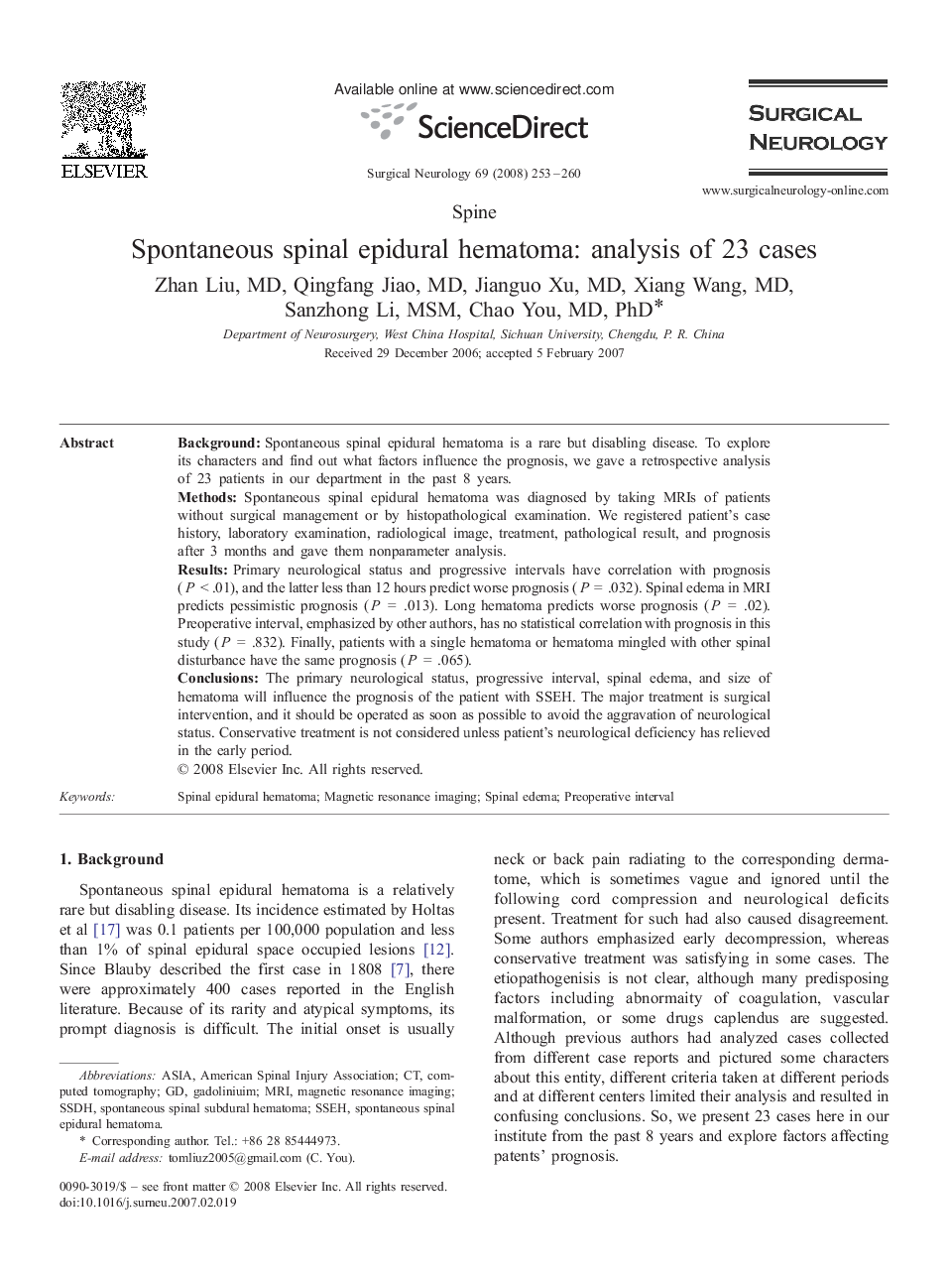 Spontaneous spinal epidural hematoma: analysis of 23 cases