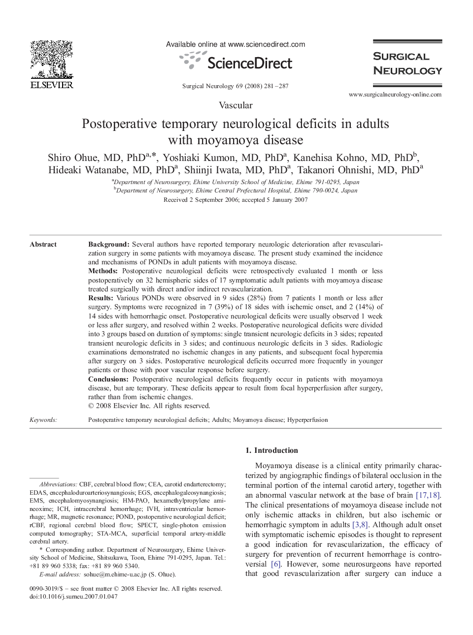 Postoperative temporary neurological deficits in adults with moyamoya disease