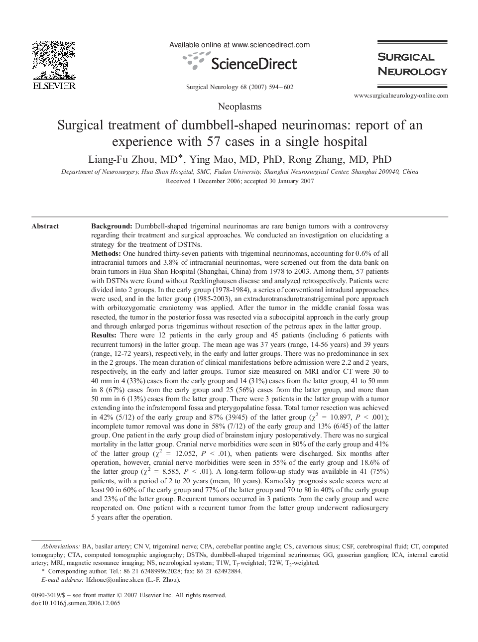 Surgical treatment of dumbbell-shaped neurinomas: report of an experience with 57 cases in a single hospital