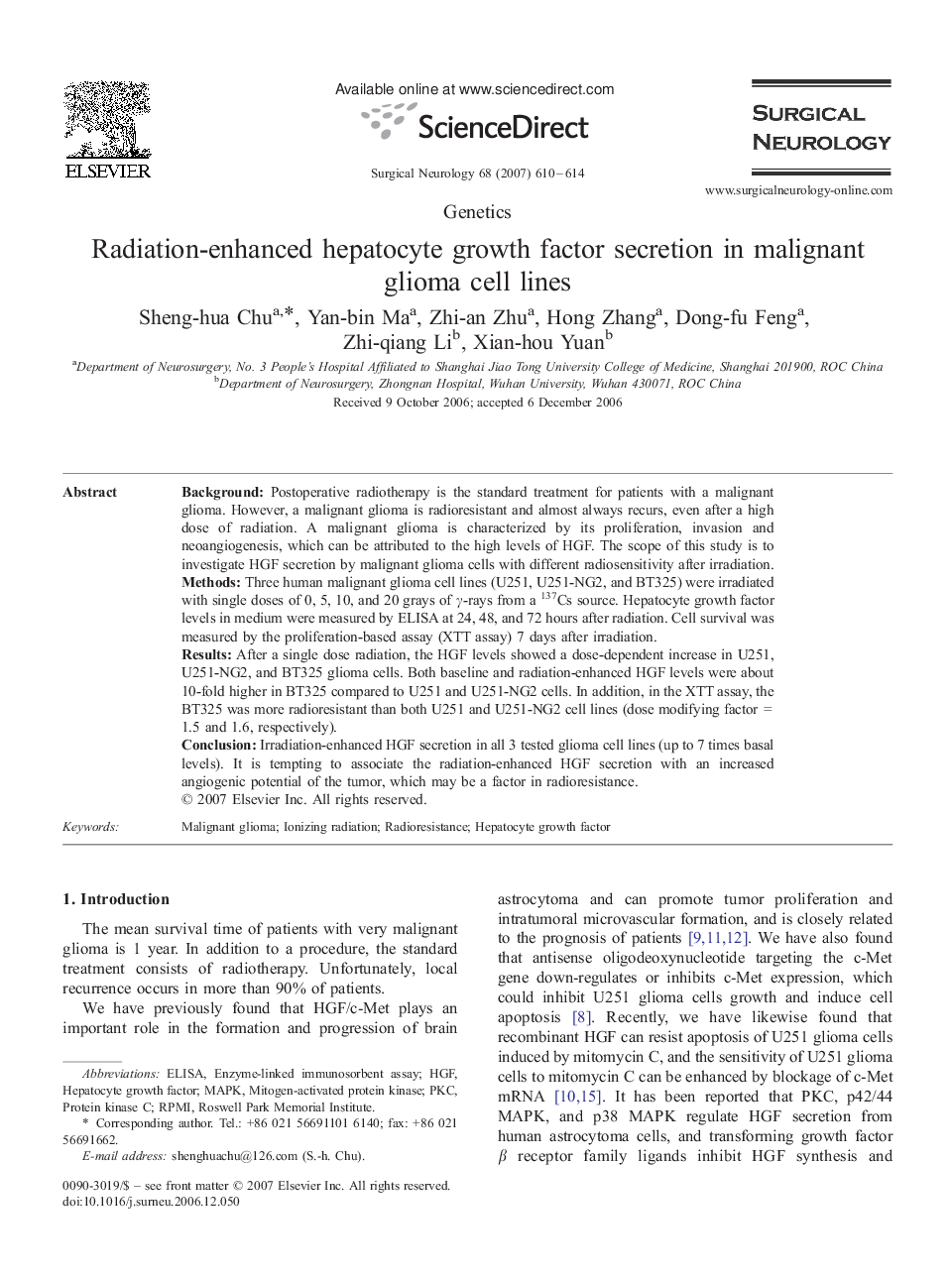 Radiation-enhanced hepatocyte growth factor secretion in malignant glioma cell lines