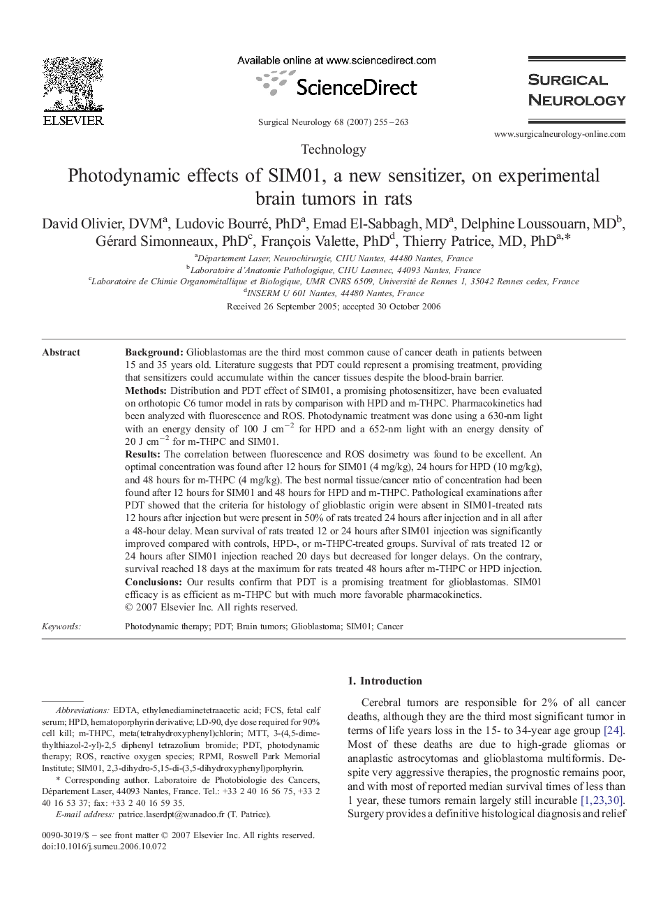 Photodynamic effects of SIM01, a new sensitizer, on experimental brain tumors in rats