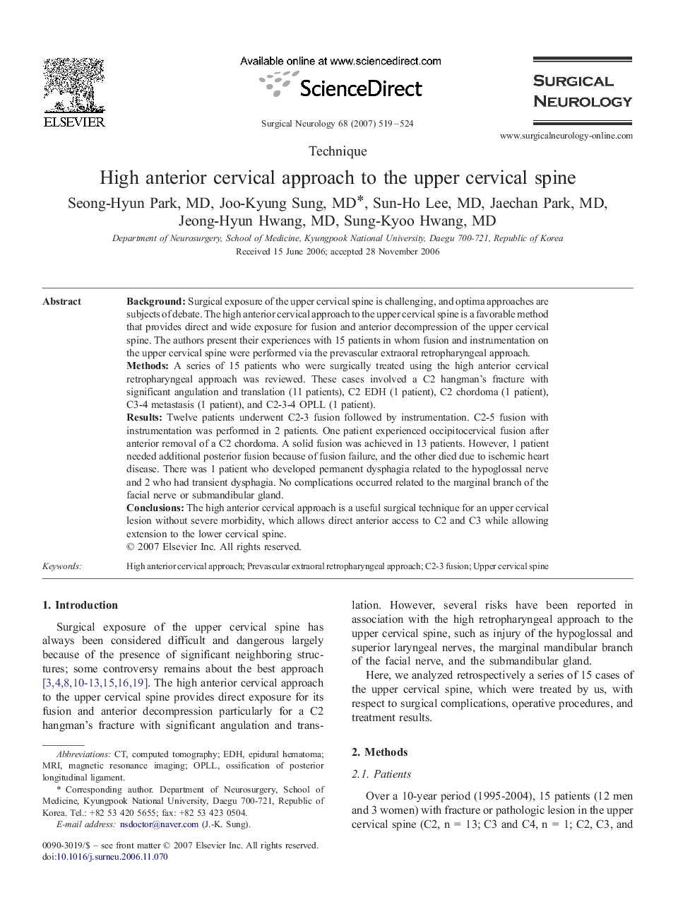 High anterior cervical approach to the upper cervical spine