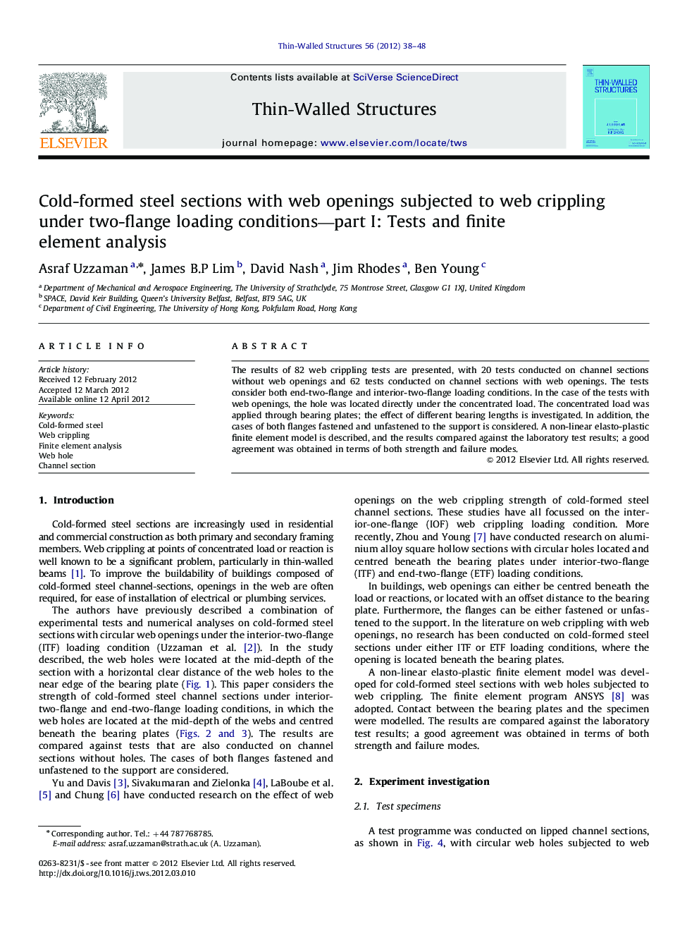 Cold-formed steel sections with web openings subjected to web crippling under two-flange loading conditions—part I: Tests and finite element analysis