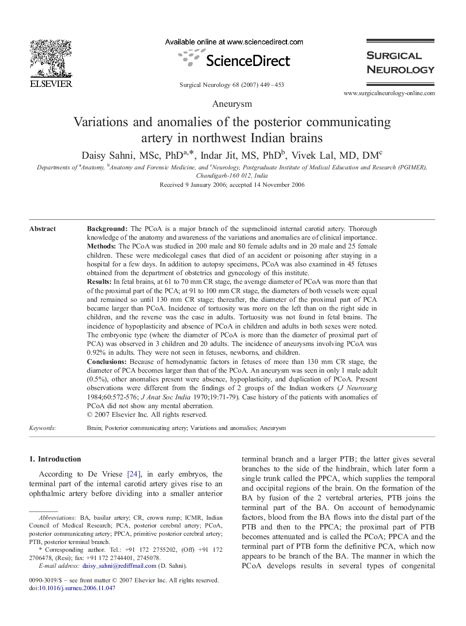 Variations and anomalies of the posterior communicating artery in northwest Indian brains