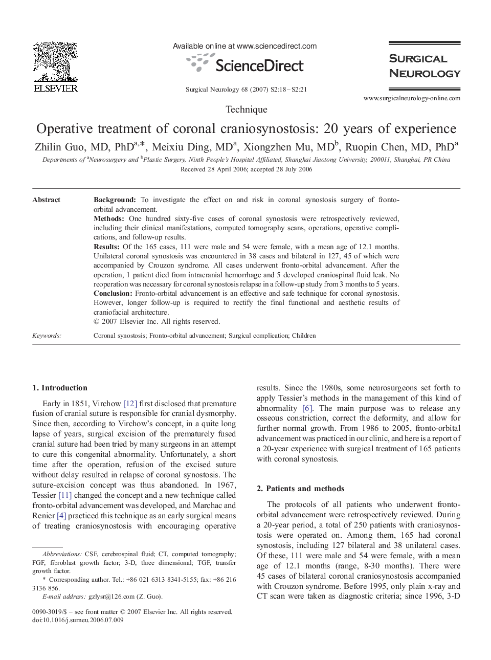 Operative treatment of coronal craniosynostosis: 20 years of experience