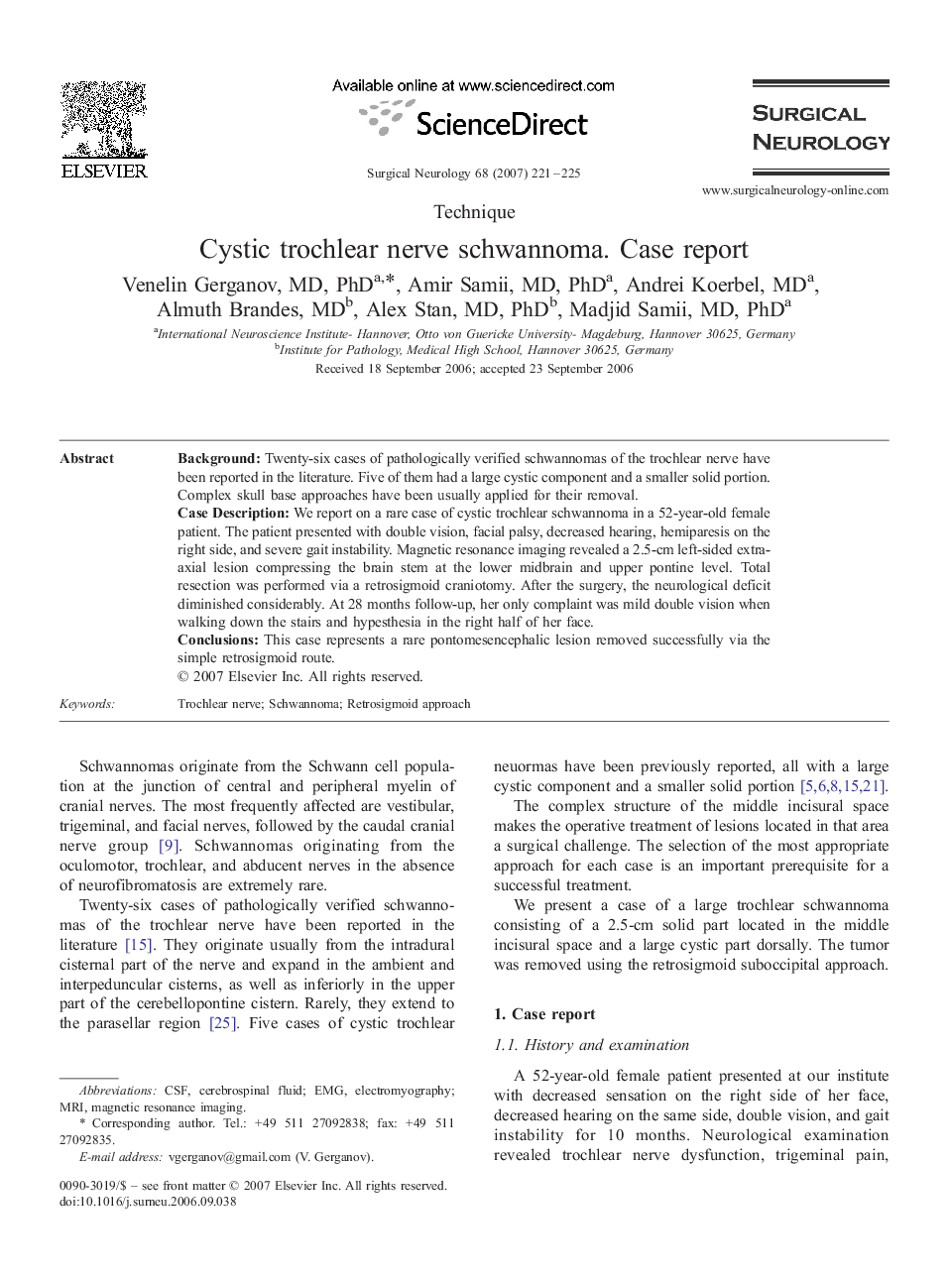 Cystic trochlear nerve schwannoma. Case report