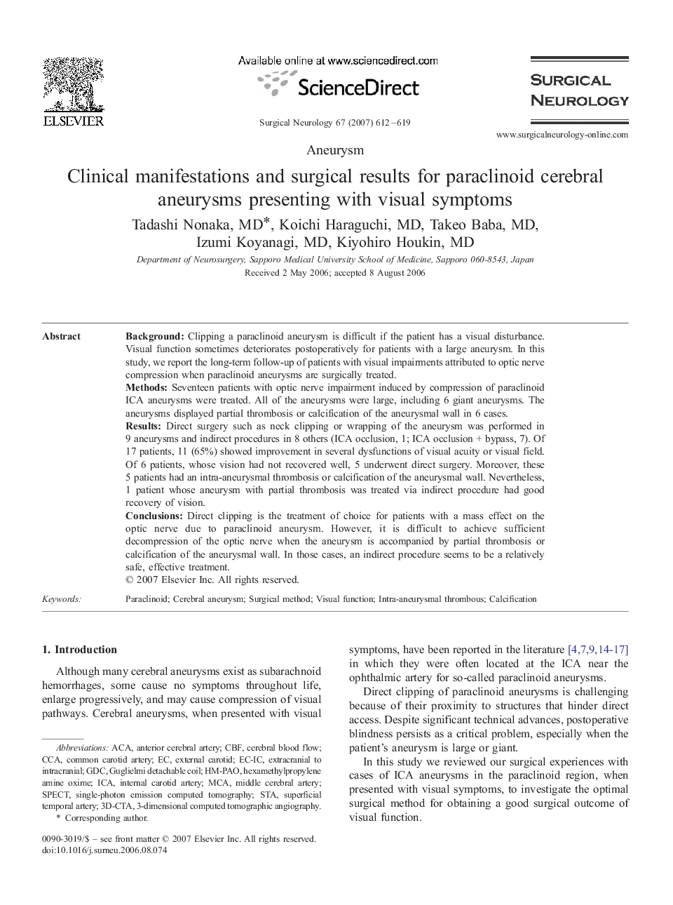 Clinical manifestations and surgical results for paraclinoid cerebral aneurysms presenting with visual symptoms