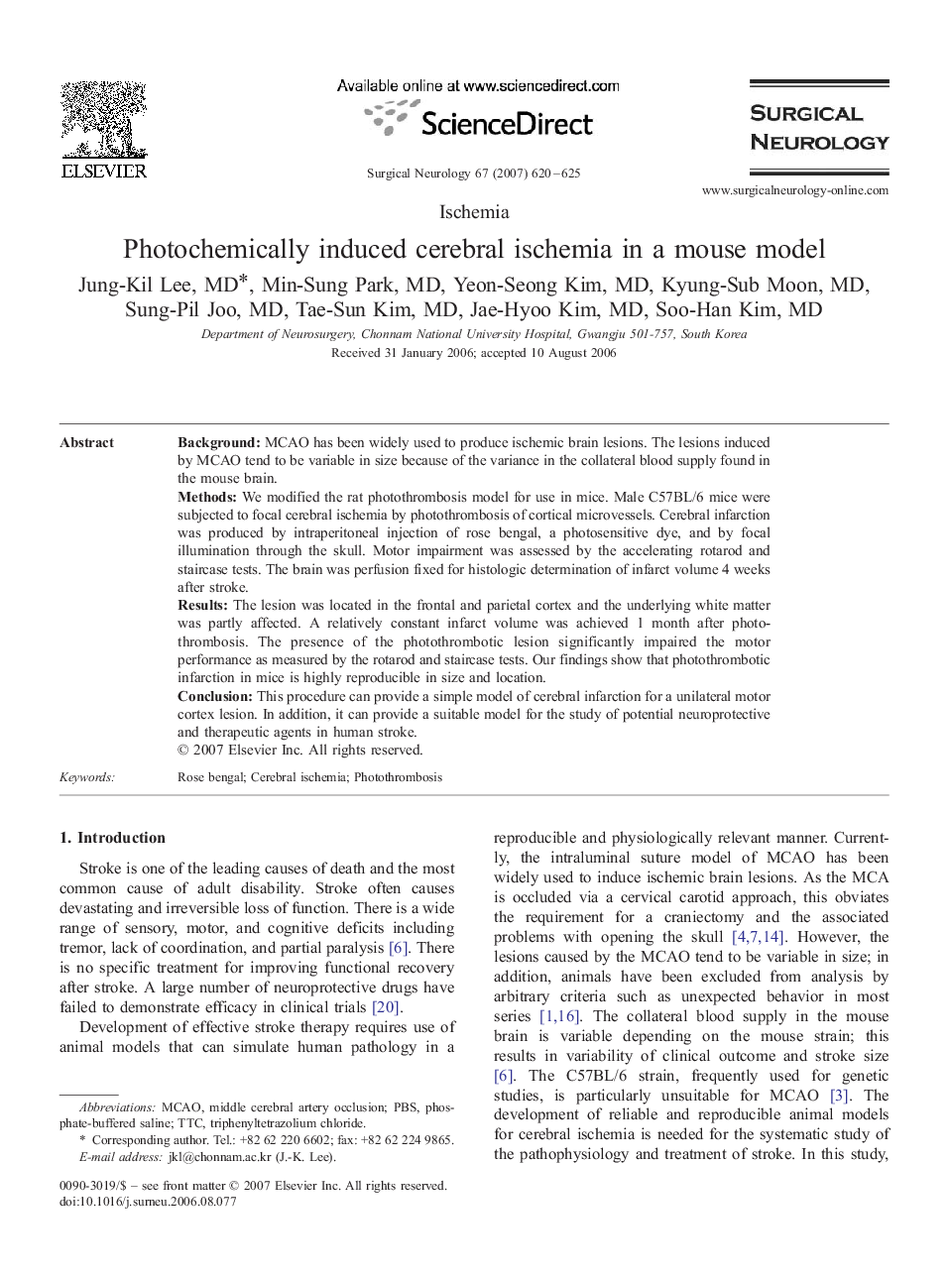 Photochemically induced cerebral ischemia in a mouse model