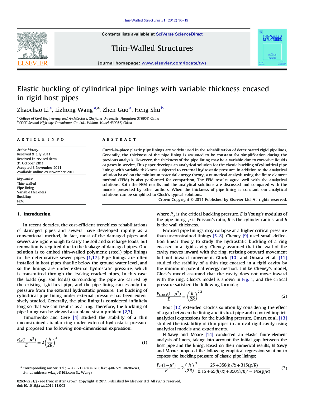 Elastic buckling of cylindrical pipe linings with variable thickness encased in rigid host pipes