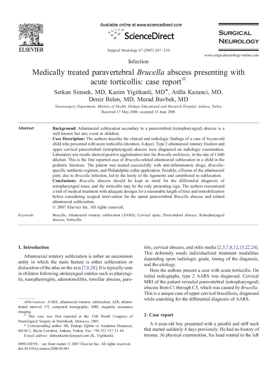 Medically treated paravertebral Brucella abscess presenting with acute torticollis: case report 