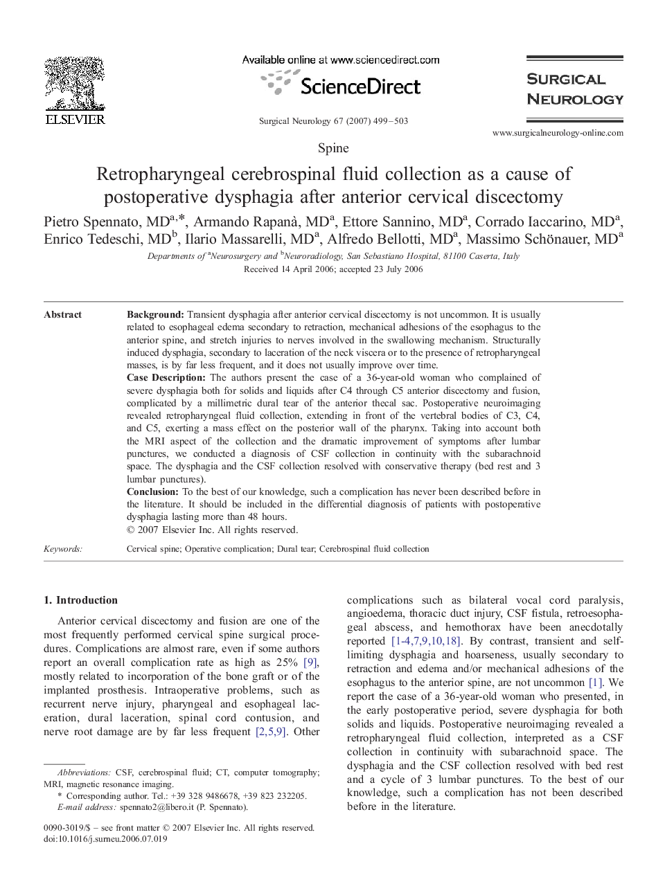 Retropharyngeal cerebrospinal fluid collection as a cause of postoperative dysphagia after anterior cervical discectomy