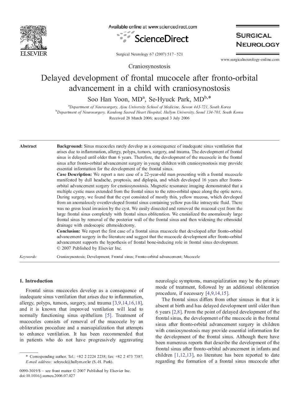 Delayed development of frontal mucocele after fronto-orbital advancement in a child with craniosynostosis