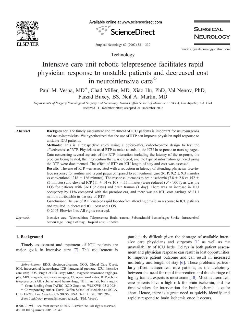 Intensive care unit robotic telepresence facilitates rapid physician response to unstable patients and decreased cost in neurointensive care 