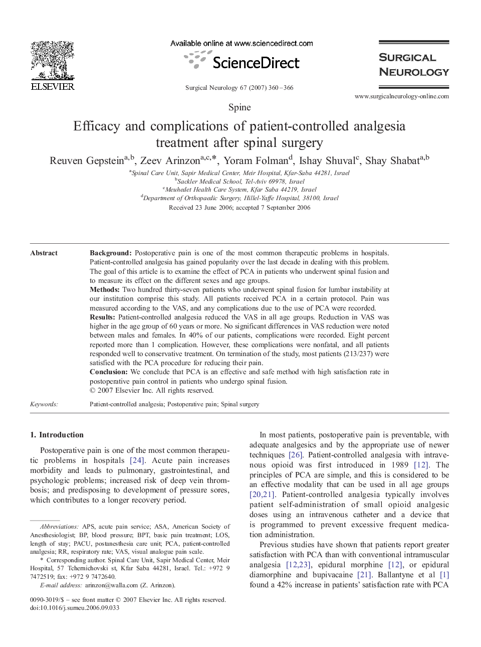 Efficacy and complications of patient-controlled analgesia treatment after spinal surgery