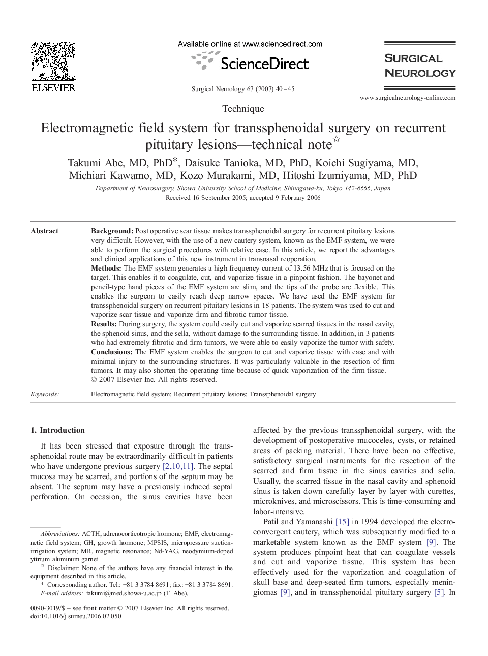 عکس صفحه اول مقاله: Electromagnetic field system for transsphenoidal surgery on recurrent pituitary lesions-technical note Electromagnetic field system for transsphenoidal surgery on recurrent pituitary lesions-technical note