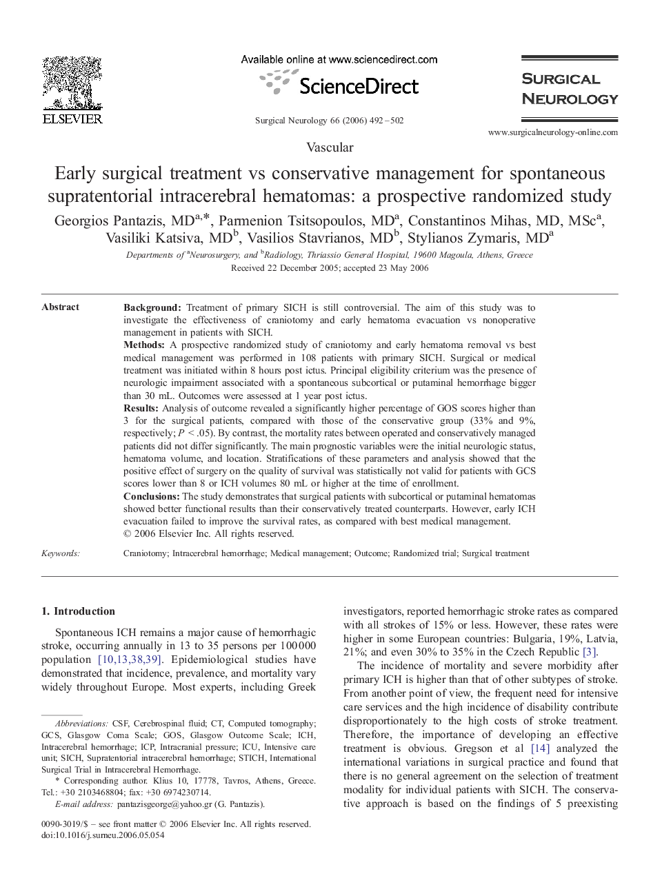 Early surgical treatment vs conservative management for spontaneous supratentorial intracerebral hematomas: a prospective randomized study