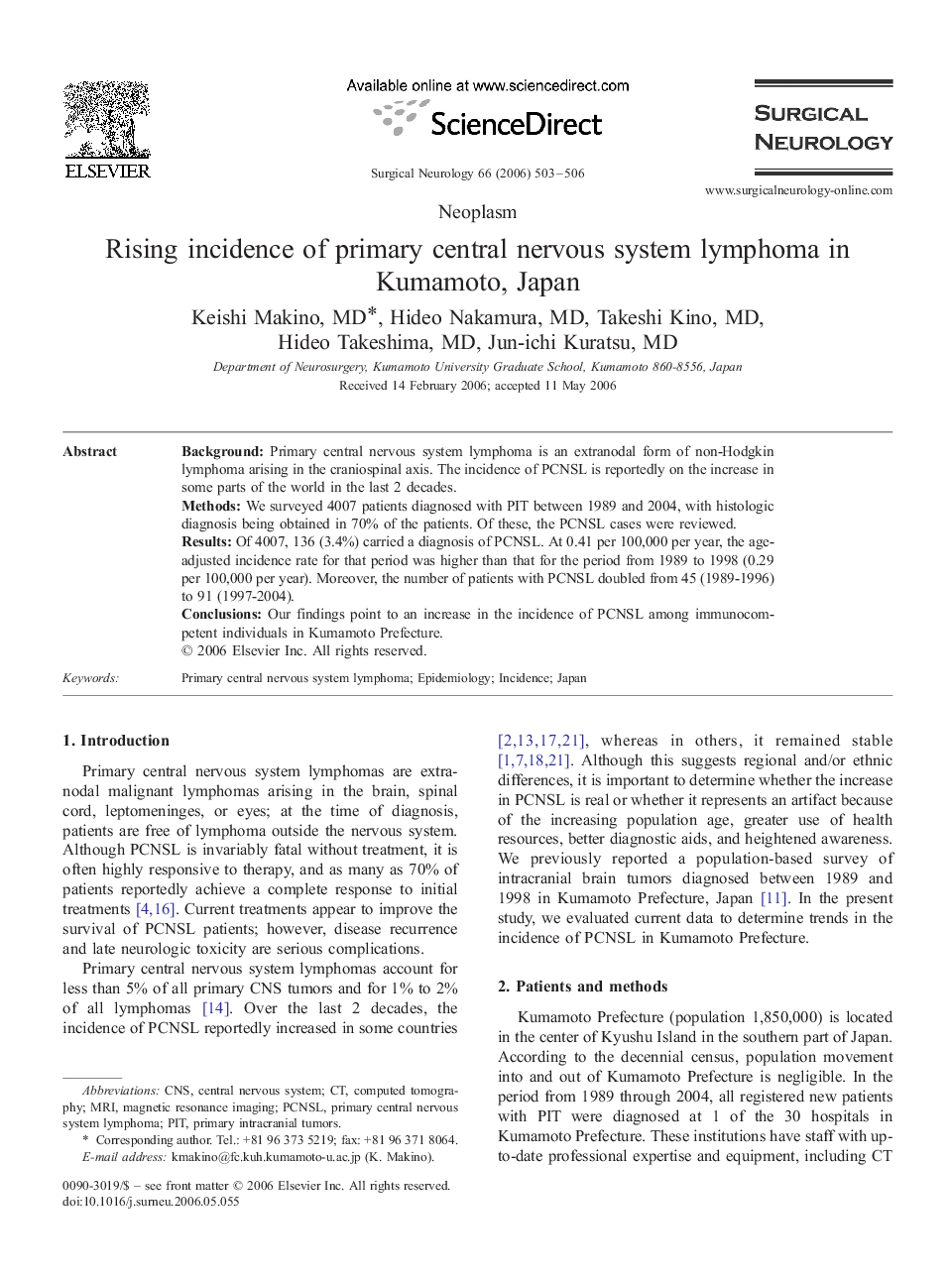 Rising incidence of primary central nervous system lymphoma in Kumamoto, Japan