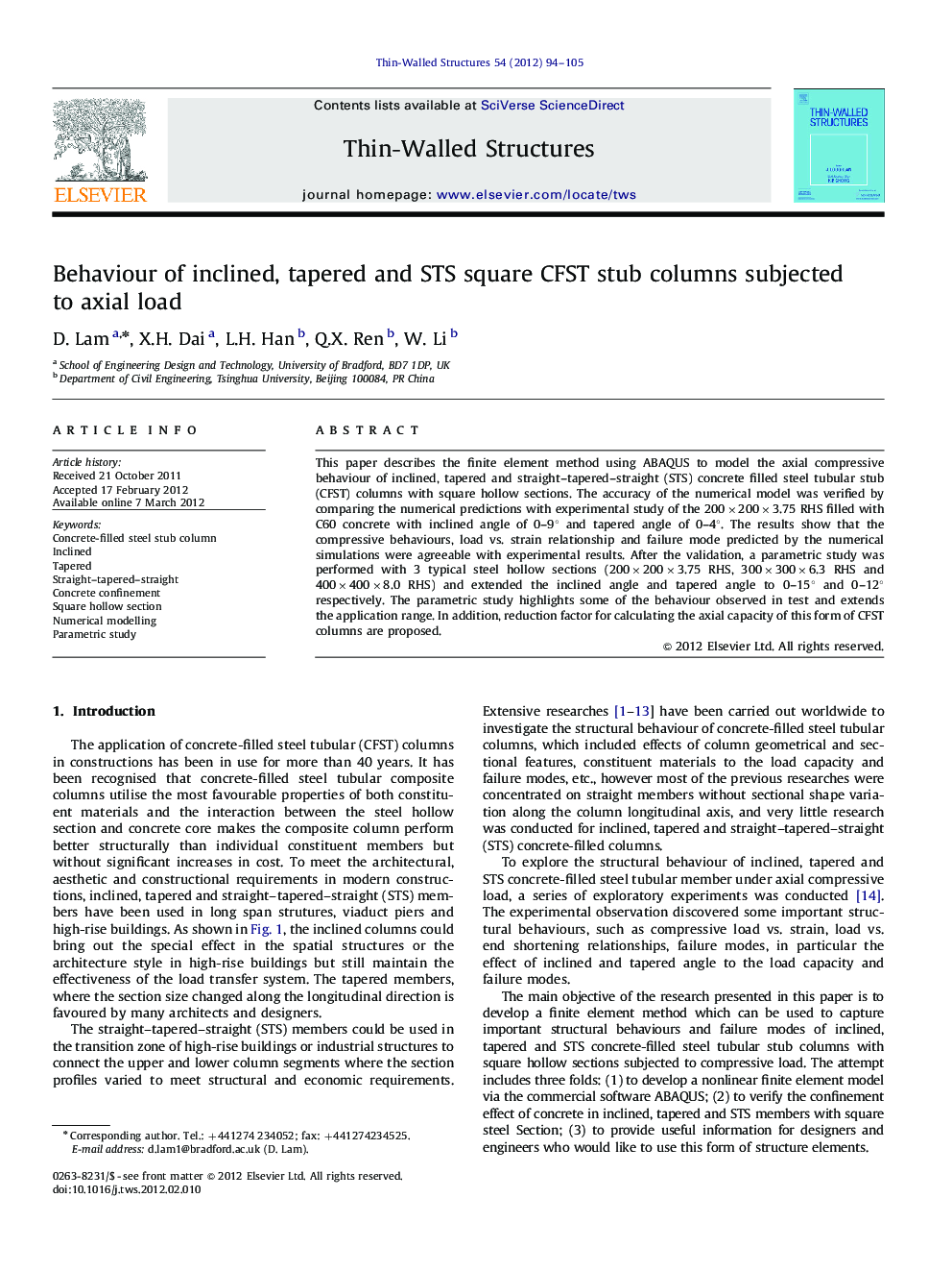 Behaviour of inclined, tapered and STS square CFST stub columns subjected to axial load