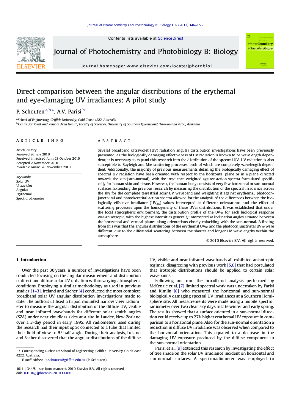 Direct comparison between the angular distributions of the erythemal and eye-damaging UV irradiances: A pilot study