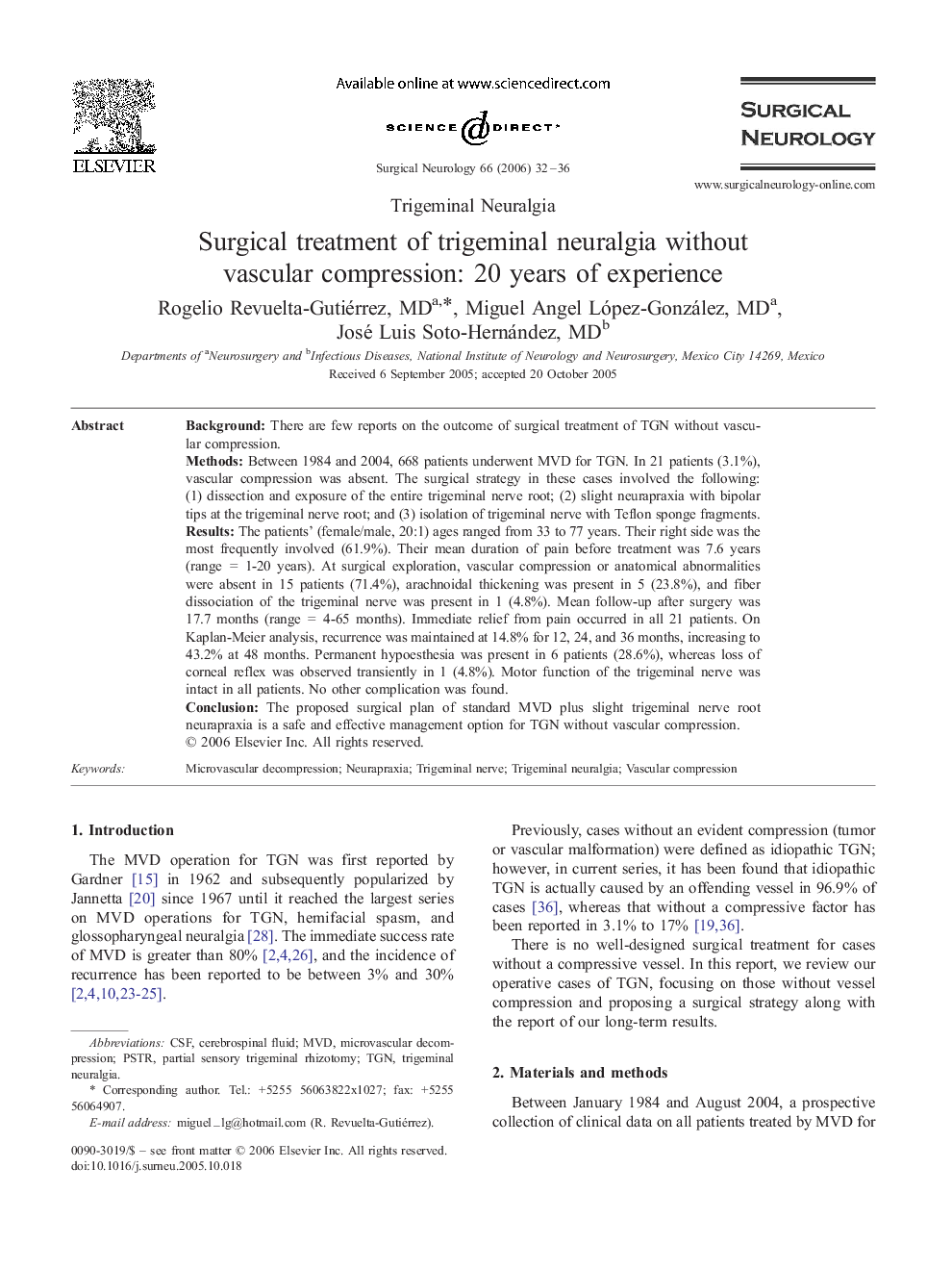 Surgical treatment of trigeminal neuralgia without vascular compression: 20 years of experience