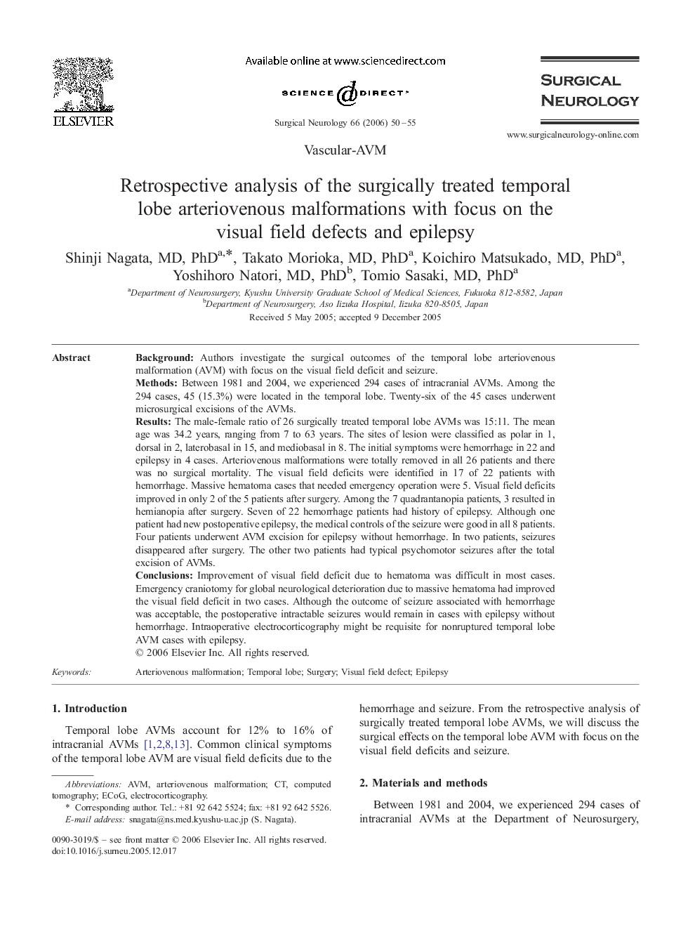 Retrospective analysis of the surgically treated temporal lobe arteriovenous malformations with focus on the visual field defects and epilepsy