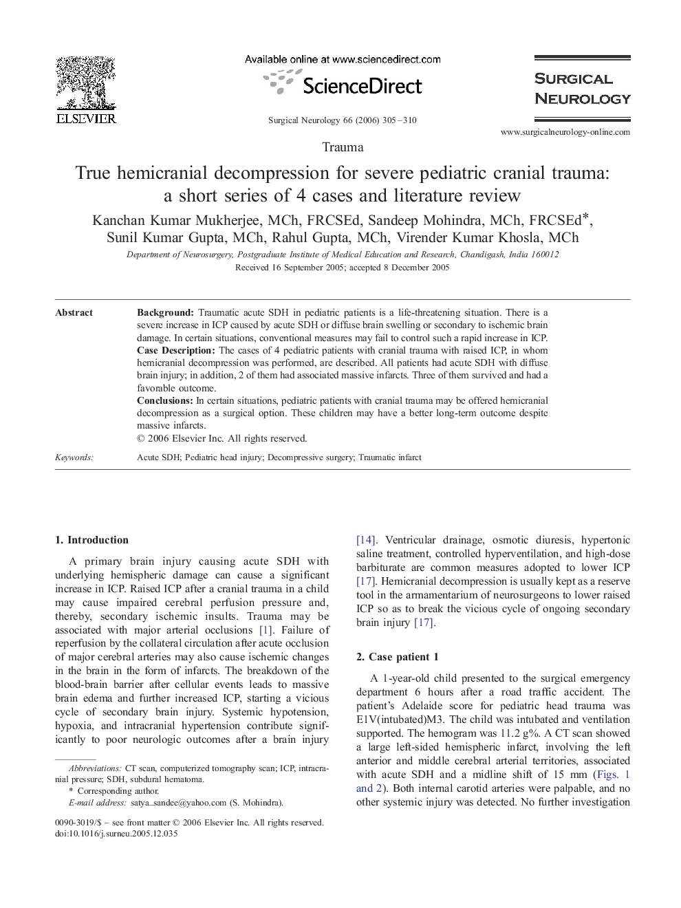 True hemicranial decompression for severe pediatric cranial trauma: a short series of 4 cases and literature review