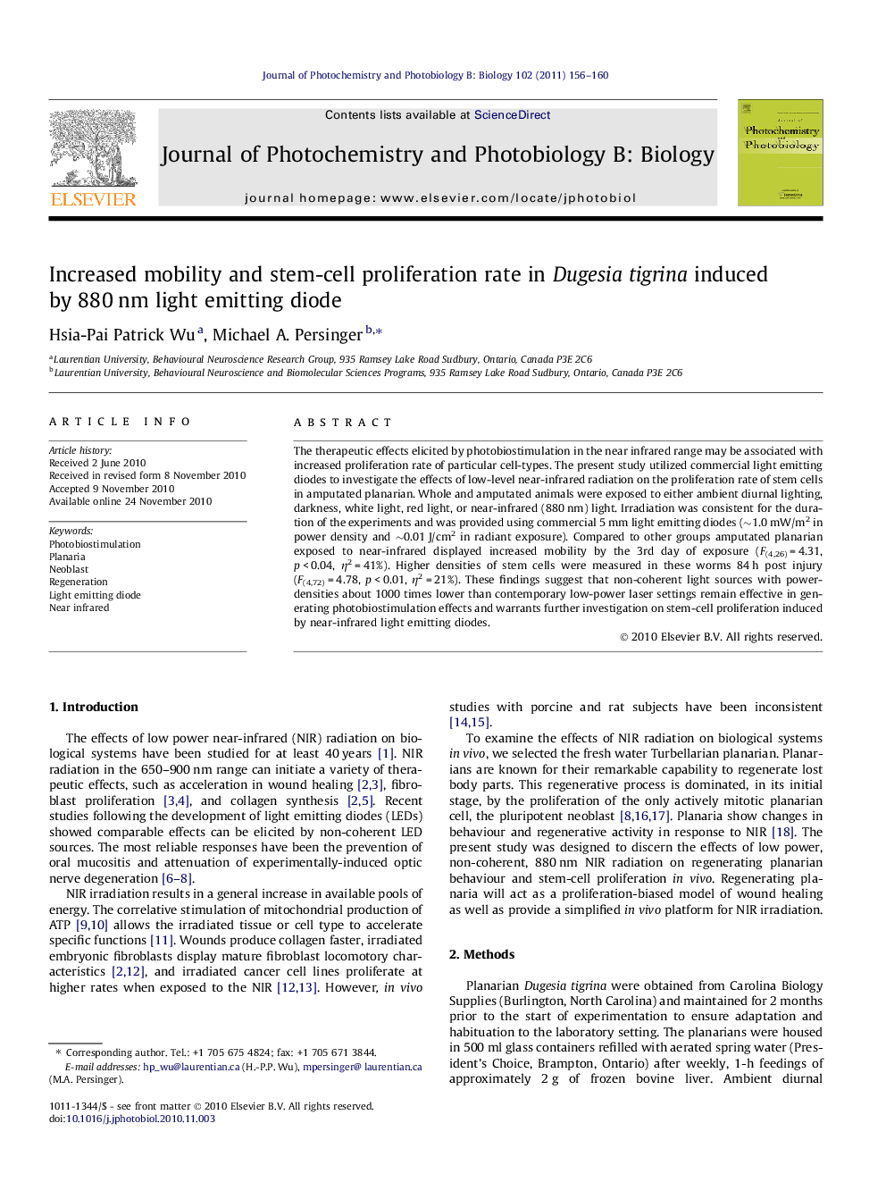 Increased mobility and stem-cell proliferation rate in Dugesia tigrina induced by 880 nm light emitting diode