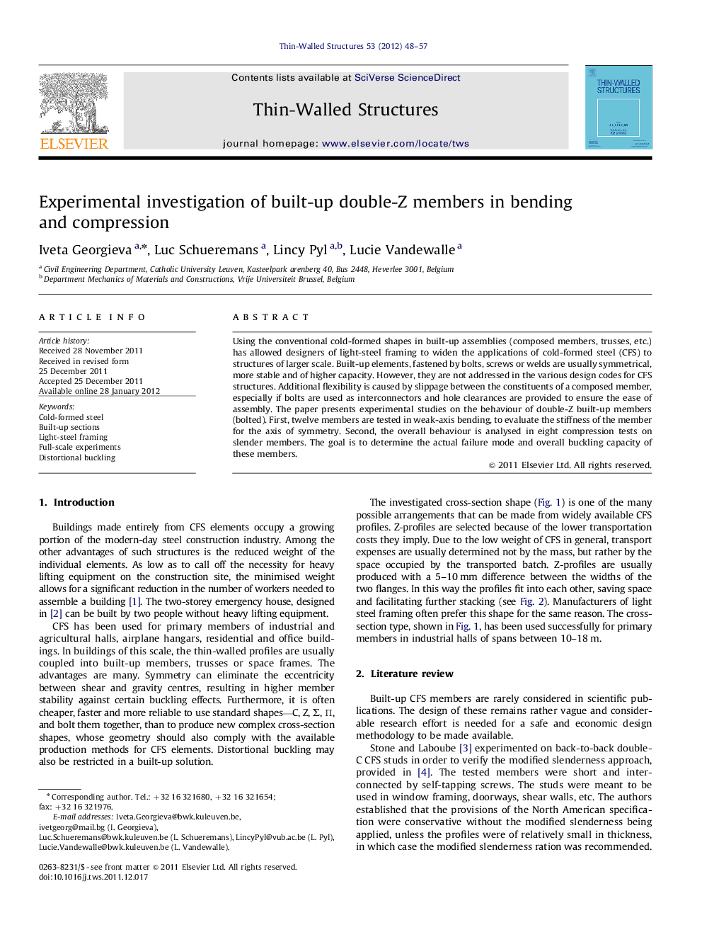 Experimental investigation of built-up double-Z members in bending and compression