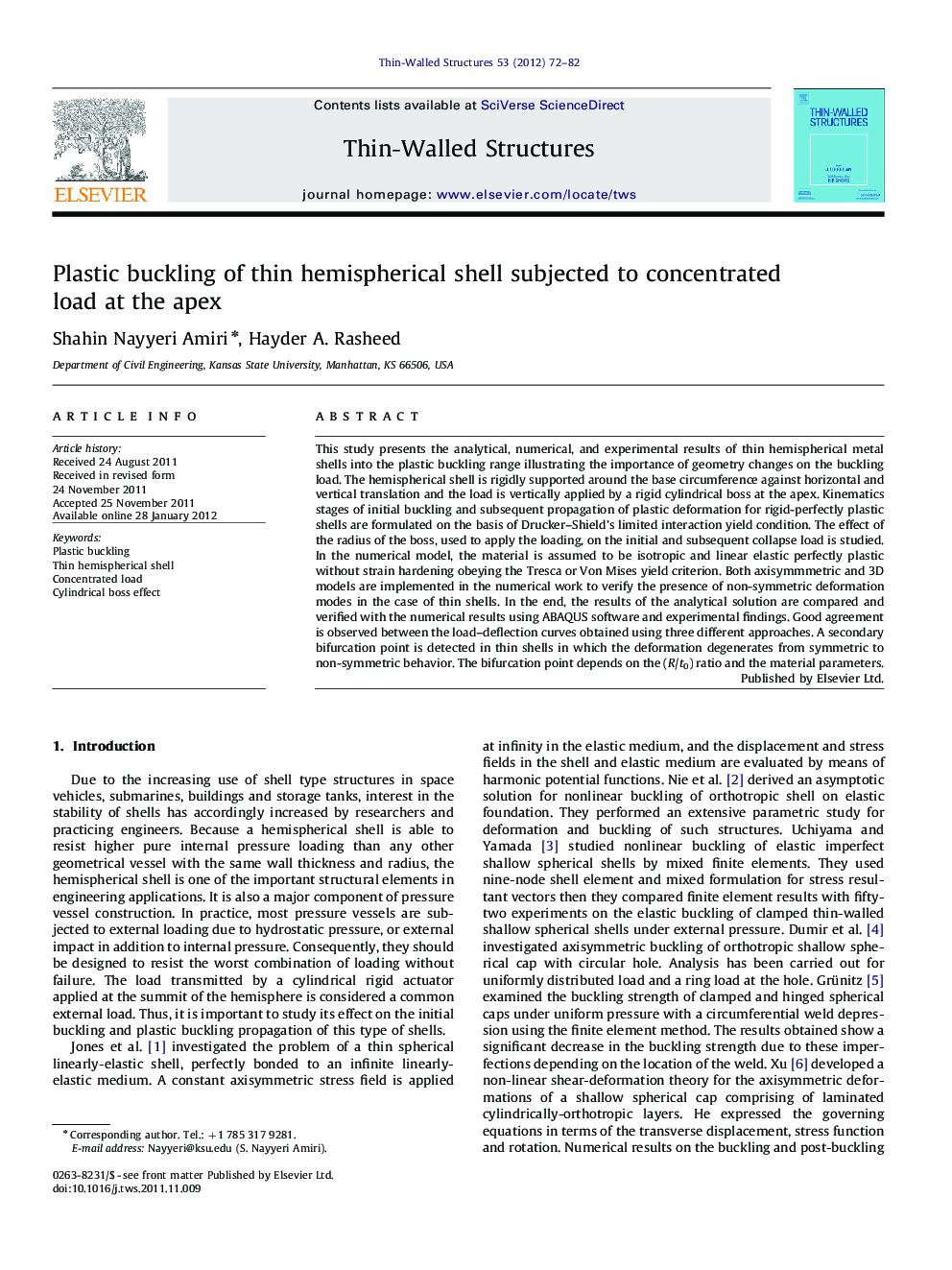 Plastic buckling of thin hemispherical shell subjected to concentrated load at the apex