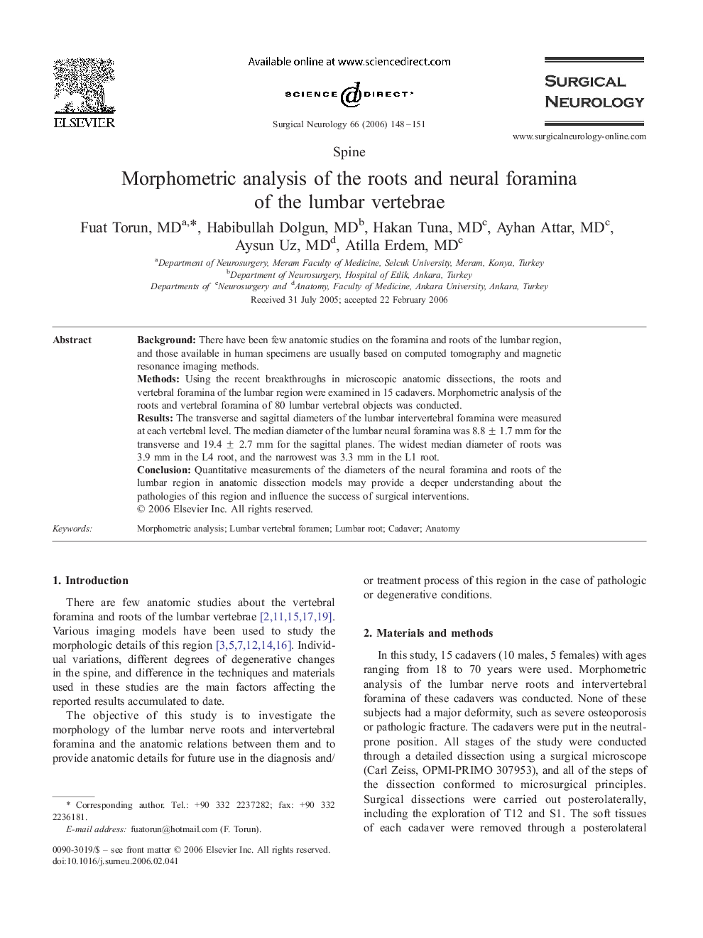 Morphometric analysis of the roots and neural foramina of the lumbar vertebrae