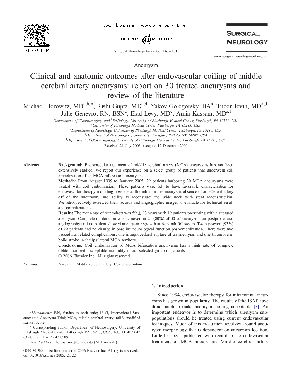 Clinical and anatomic outcomes after endovascular coiling of middle cerebral artery aneurysms: report on 30 treated aneurysms and review of the literature