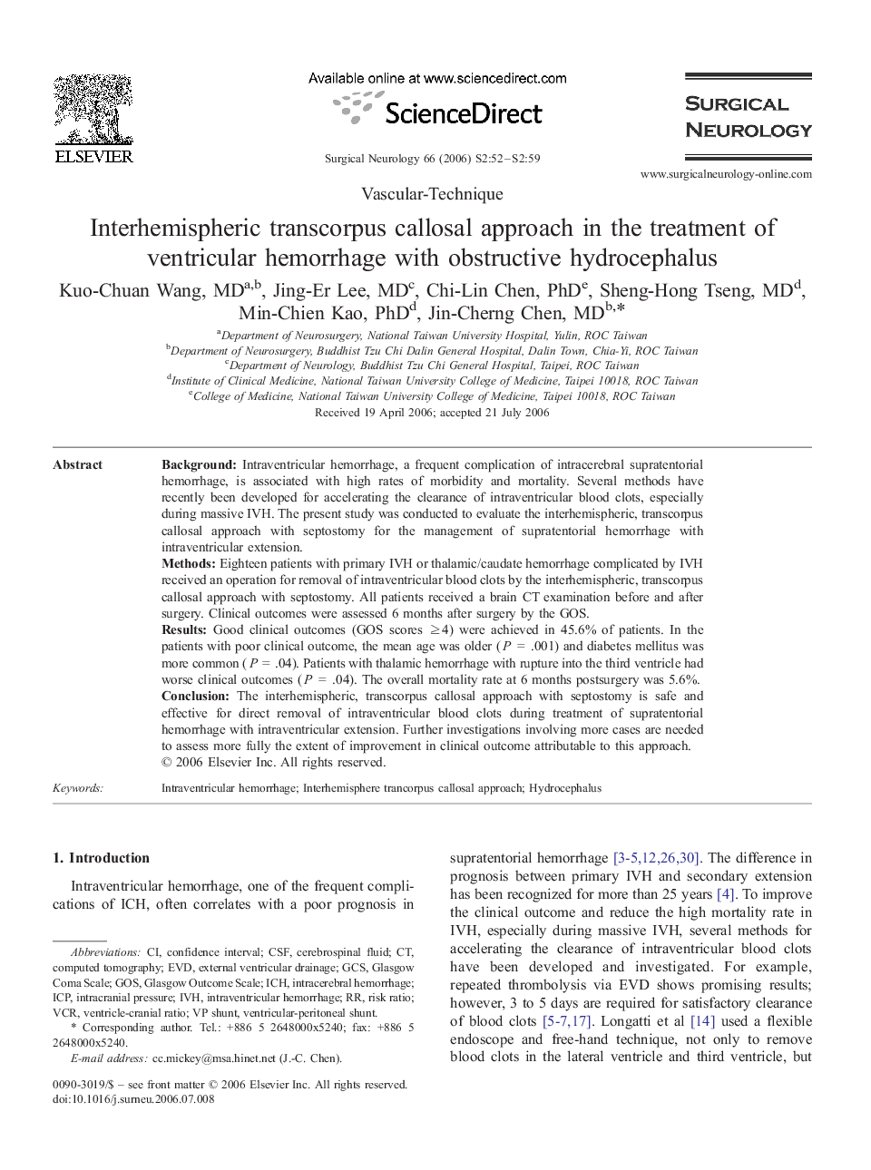 Interhemispheric transcorpus callosal approach in the treatment of ventricular hemorrhage with obstructive hydrocephalus