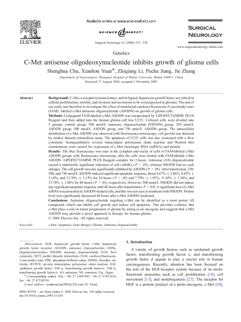 C-Met antisense oligodeoxynucleotide inhibits growth of glioma cells