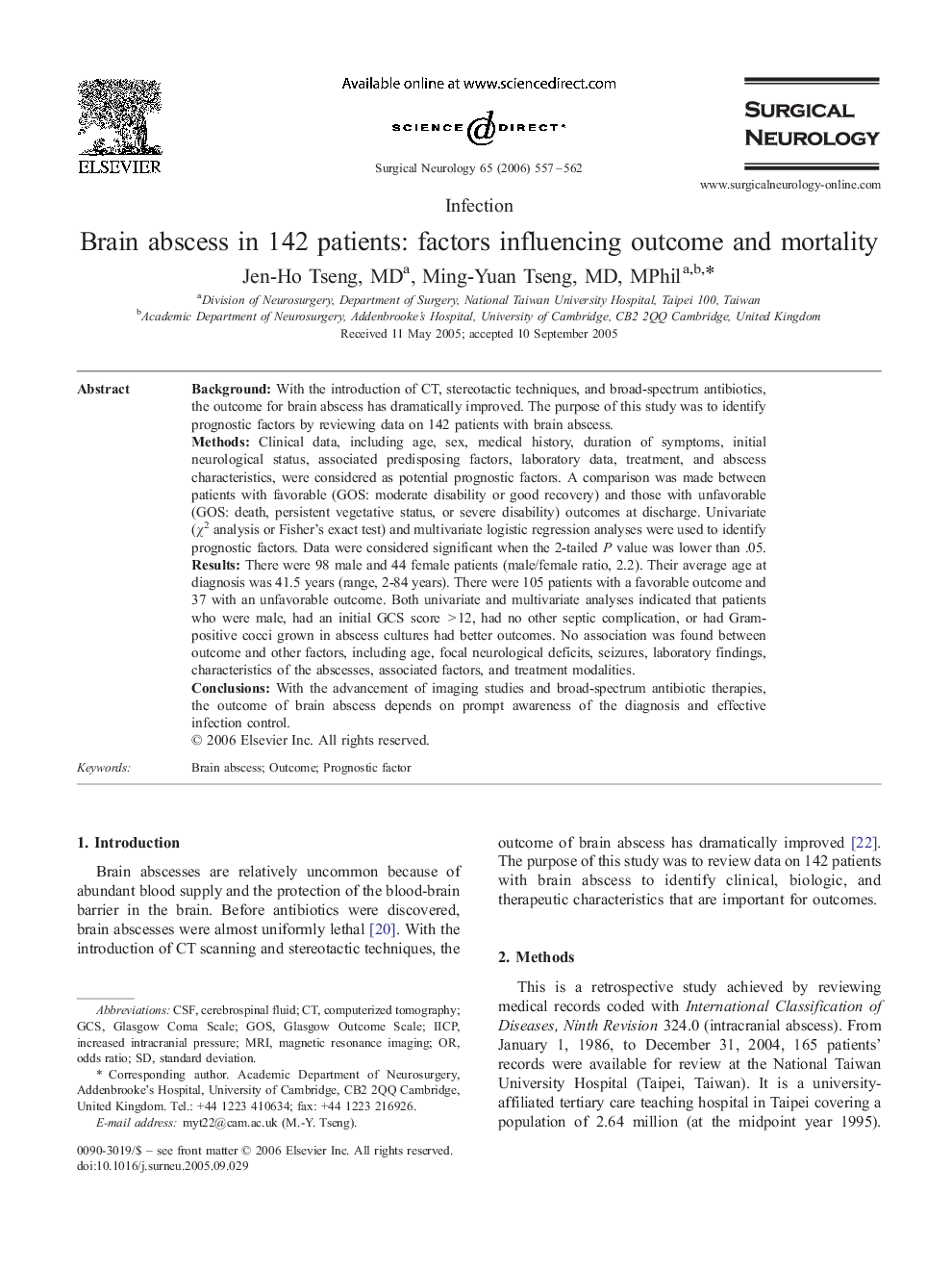 Brain abscess in 142 patients: factors influencing outcome and mortality