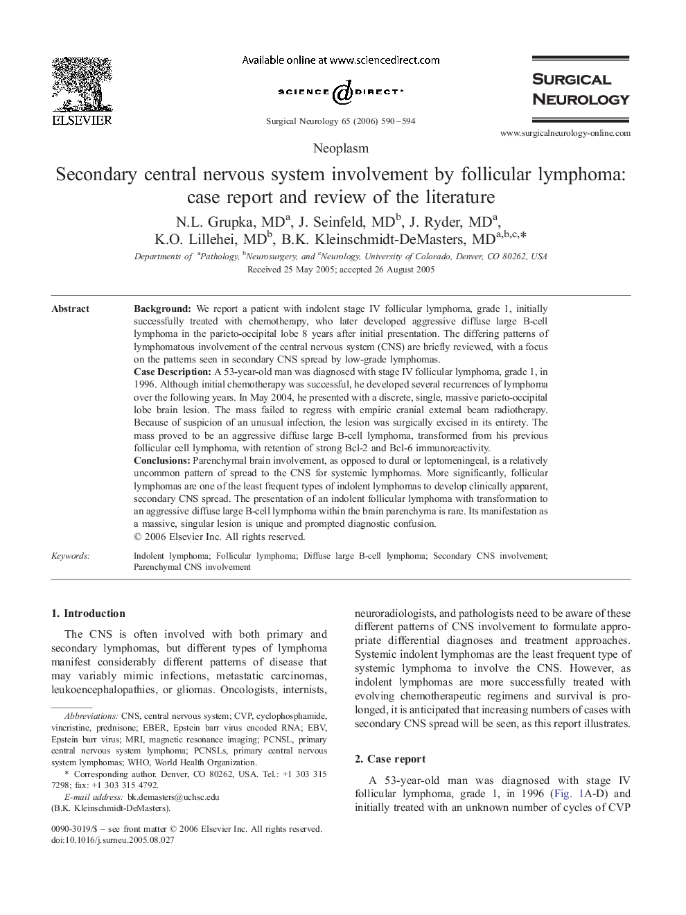 Secondary central nervous system involvement by follicular lymphoma: case report and review of the literature