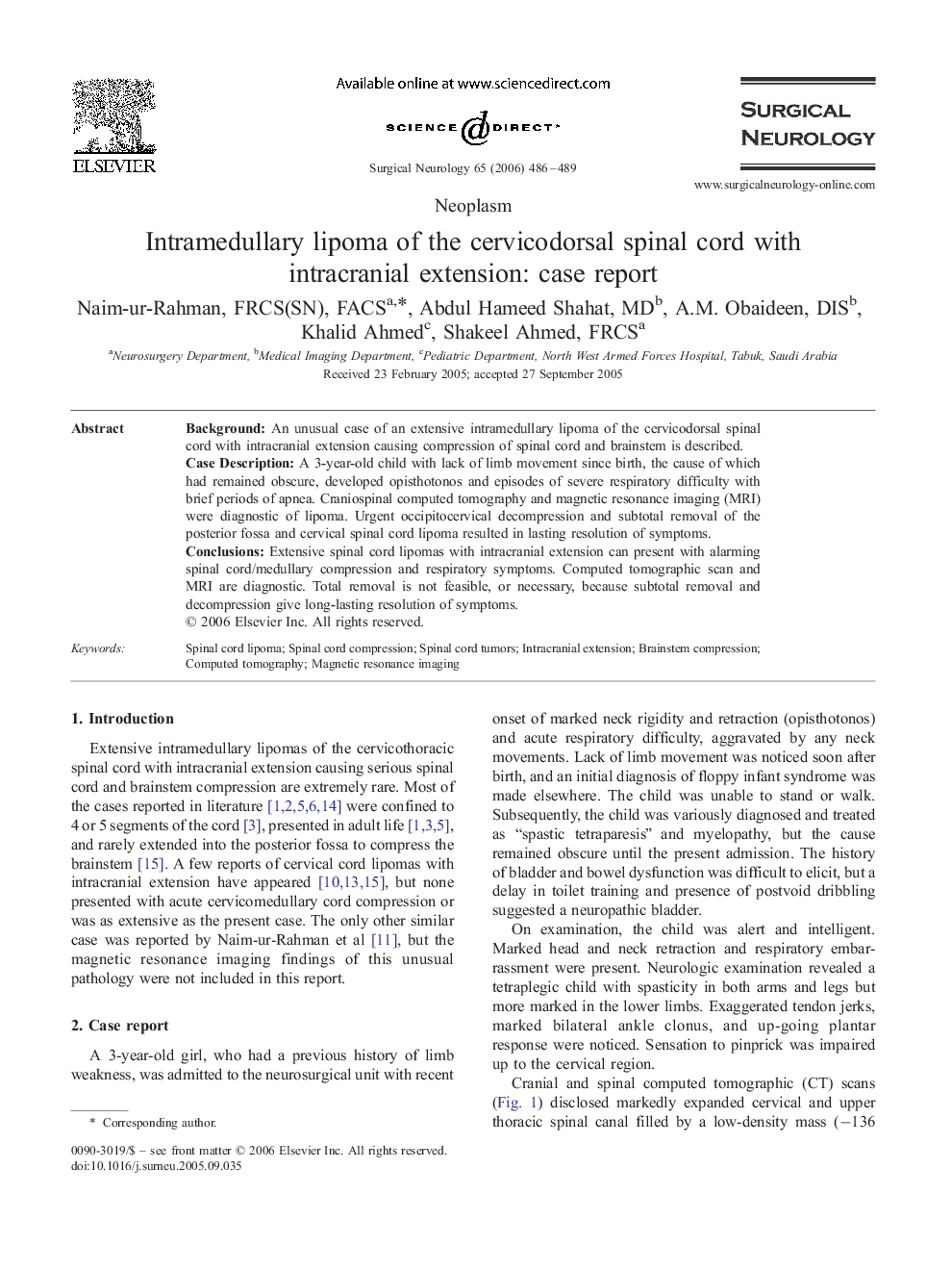 Intramedullary lipoma of the cervicodorsal spinal cord with intracranial extension: case report