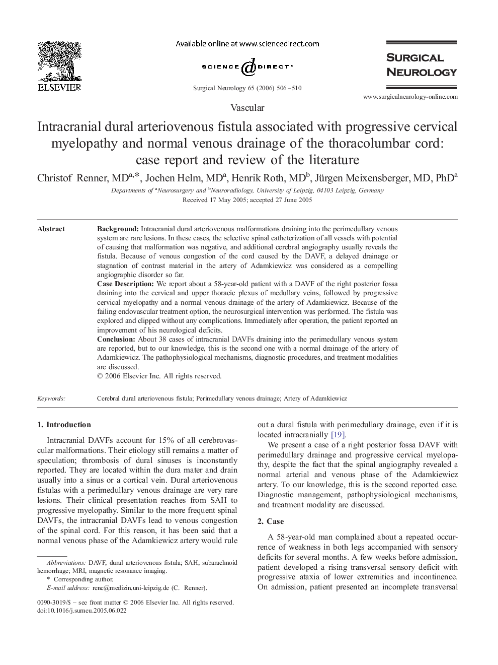 Intracranial dural arteriovenous fistula associated with progressive cervical myelopathy and normal venous drainage of the thoracolumbar cord: case report and review of the literature