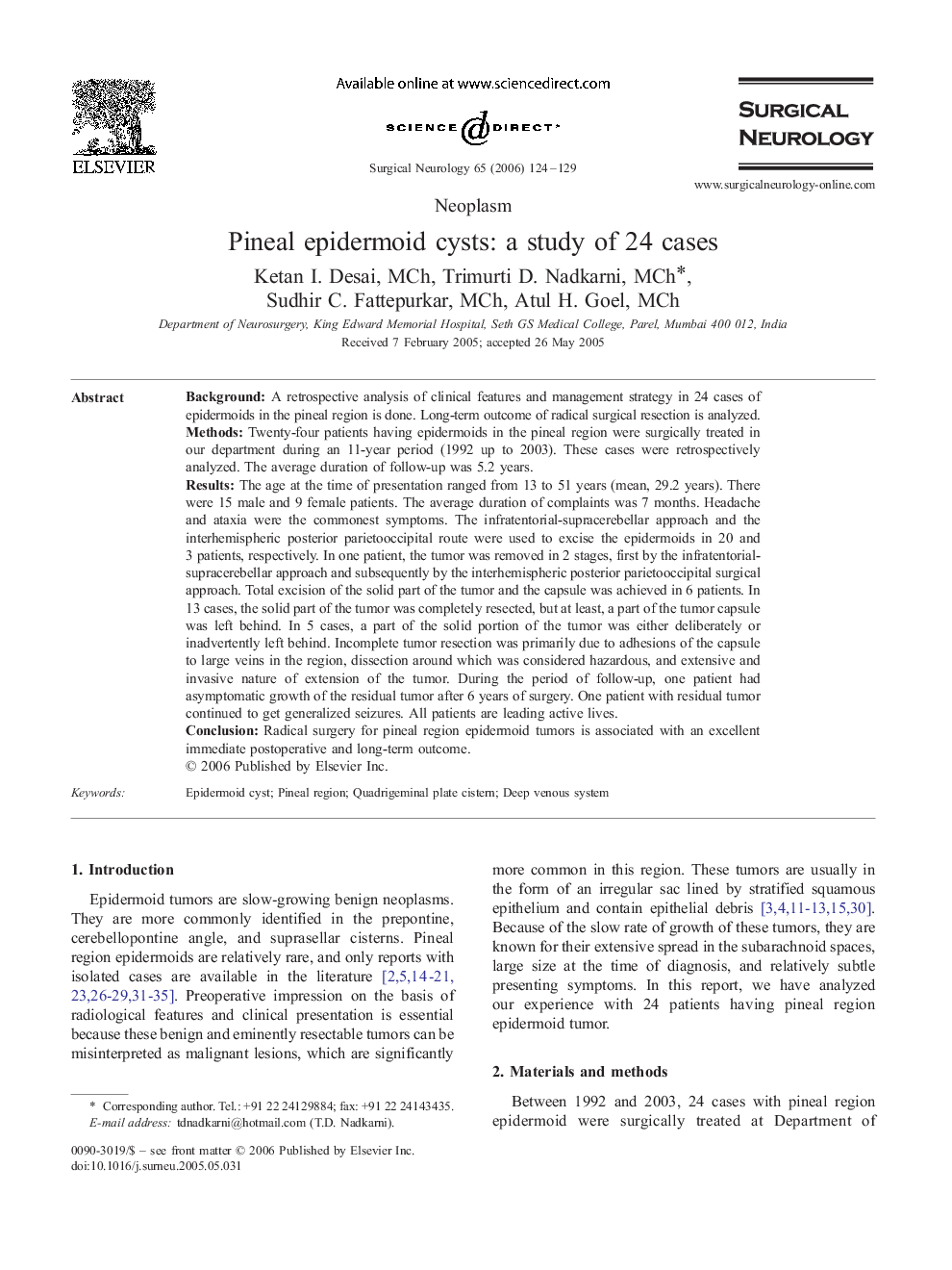 Pineal epidermoid cysts: a study of 24 cases