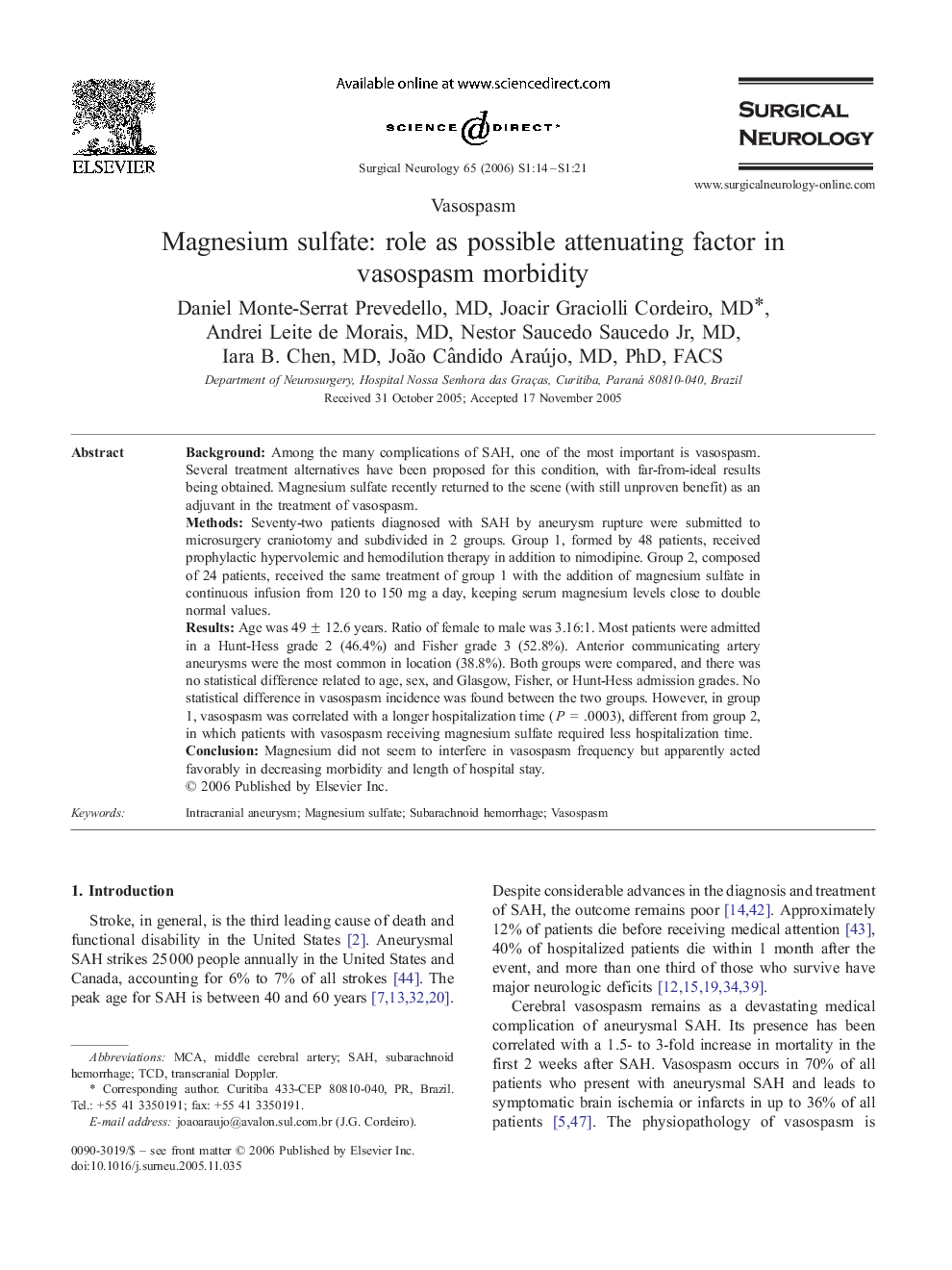 Magnesium sulfate: role as possible attenuating factor in vasospasm morbidity