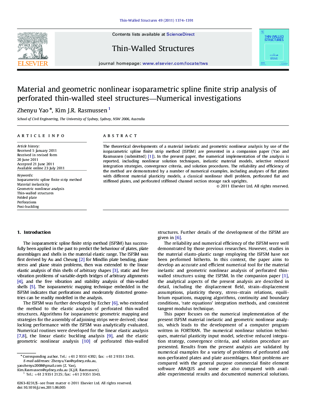 Material and geometric nonlinear isoparametric spline finite strip analysis of perforated thin-walled steel structures—Numerical investigations