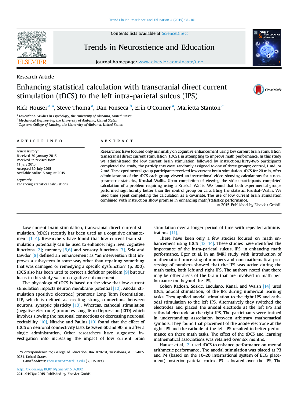 Enhancing statistical calculation with transcranial direct current stimulation (tDCS) to the left intra-parietal sulcus (IPS)