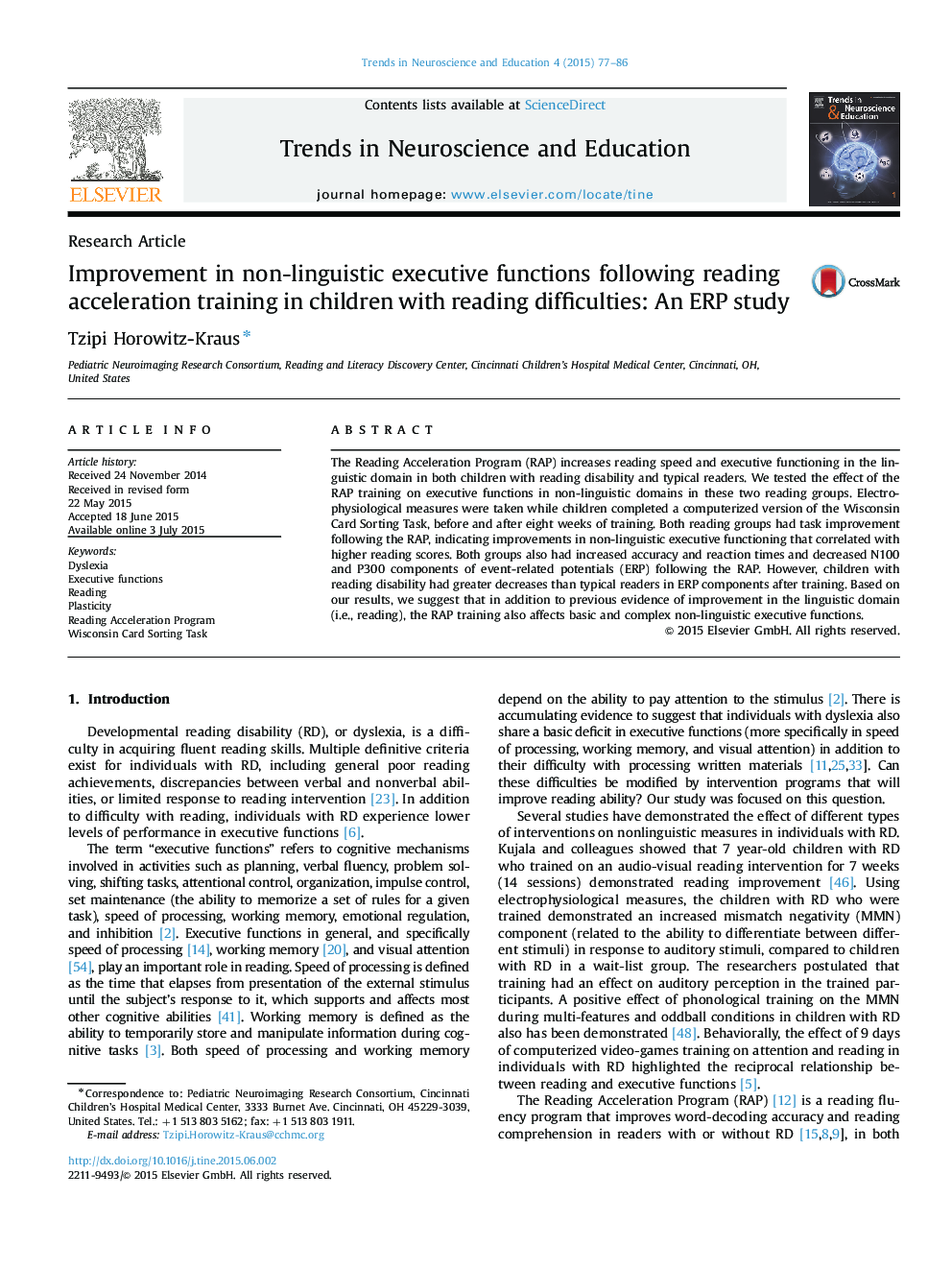 Improvement in non-linguistic executive functions following reading acceleration training in children with reading difficulties: An ERP study