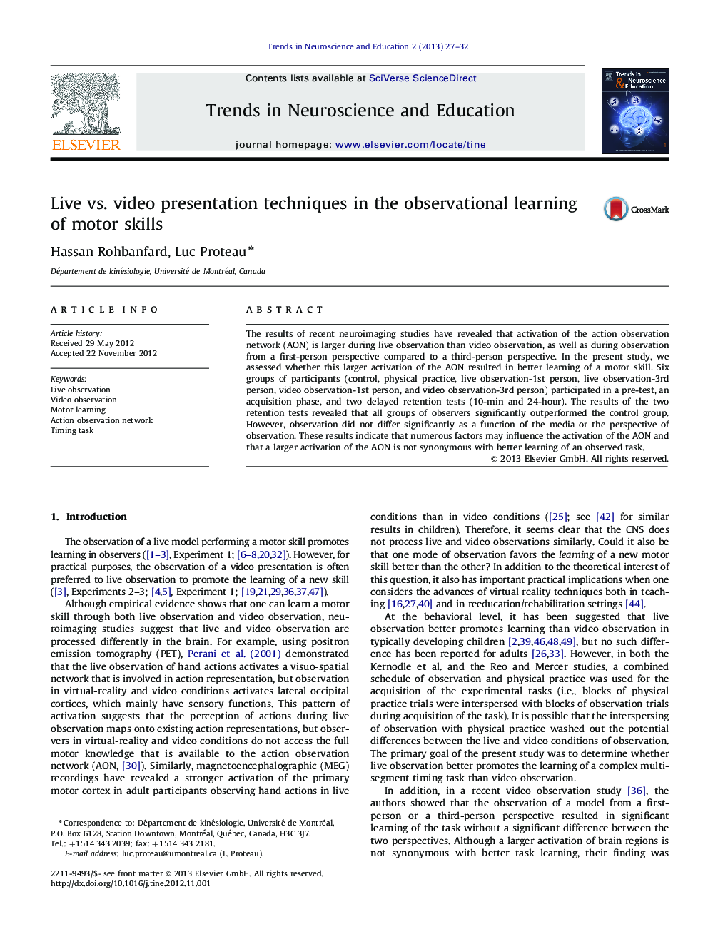 Live vs. video presentation techniques in the observational learning of motor skills